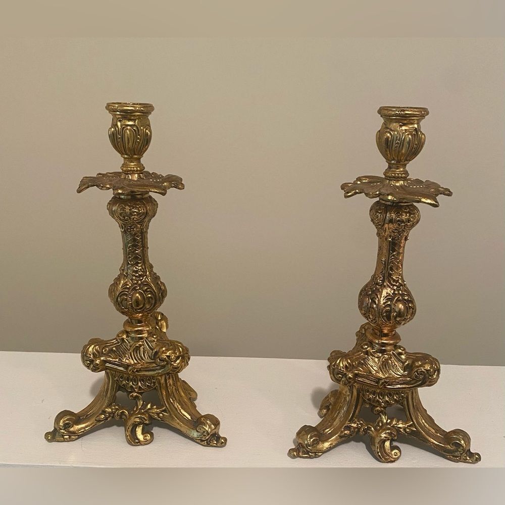 VINTAGE BRASS GOLD GILT GIRANDOLE HOLLYWOOD REGENCY CANDLE HOLDERS